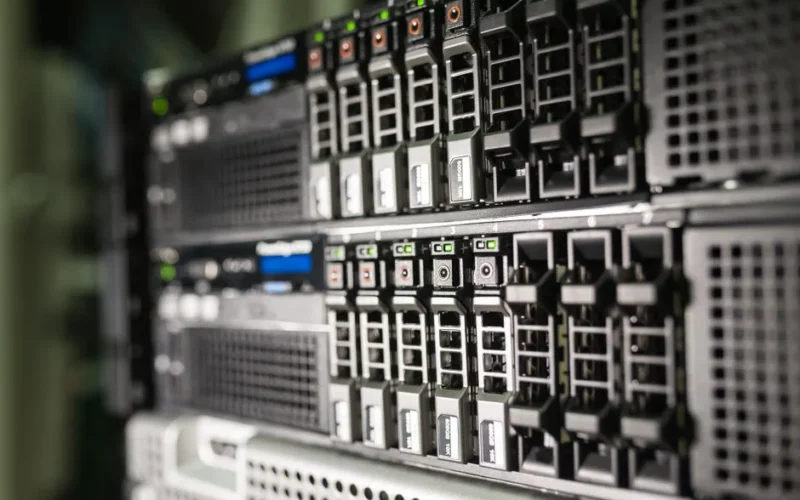 Close-up of server equipment in a modern data center highlighting technology infrastructure.