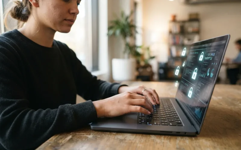 a person typing on a laptop with glowing digital padlock icons