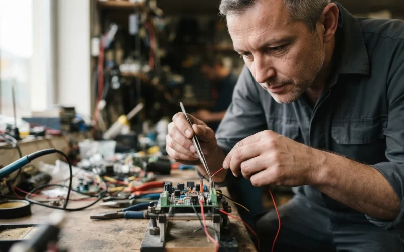 a mechanic connecting wires to a small electronic module