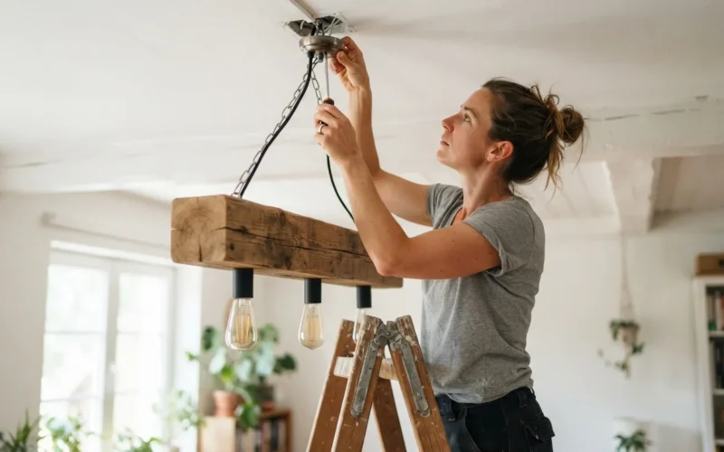 a person hanging a wooden beam lamp from a ceiling