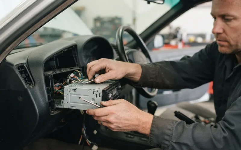 a person installing a car radio