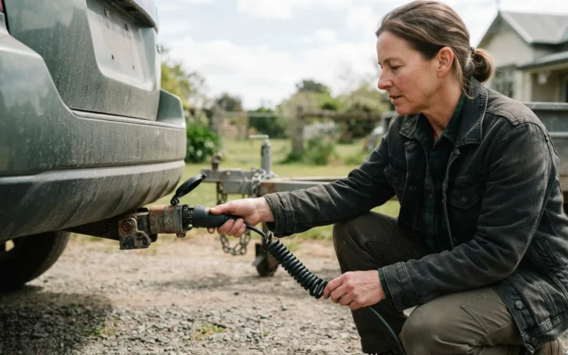 a person connecting a trailer cable to a car