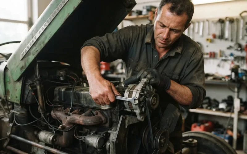 a person installing a car alternator in a tractor engine bay