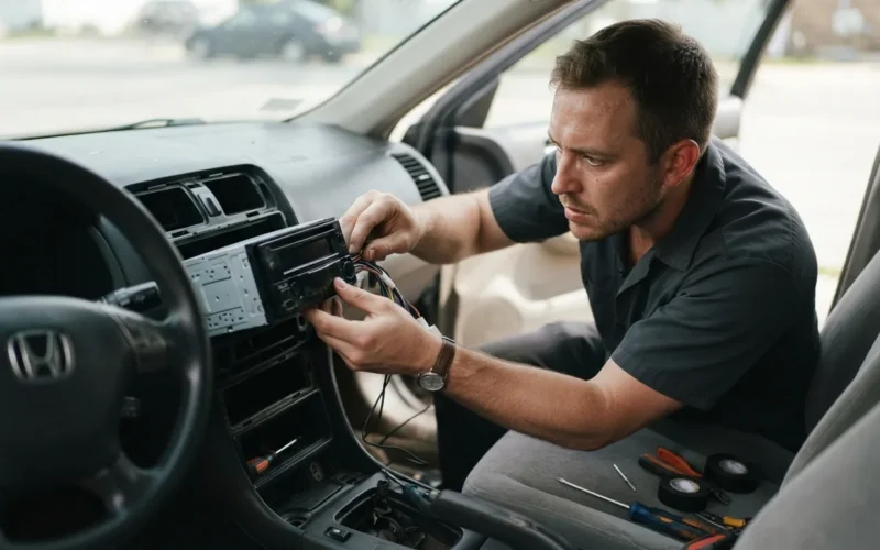 a person installing car audio equipment in a vehicle