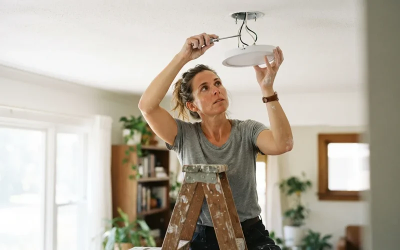 a person installing a ceiling light
