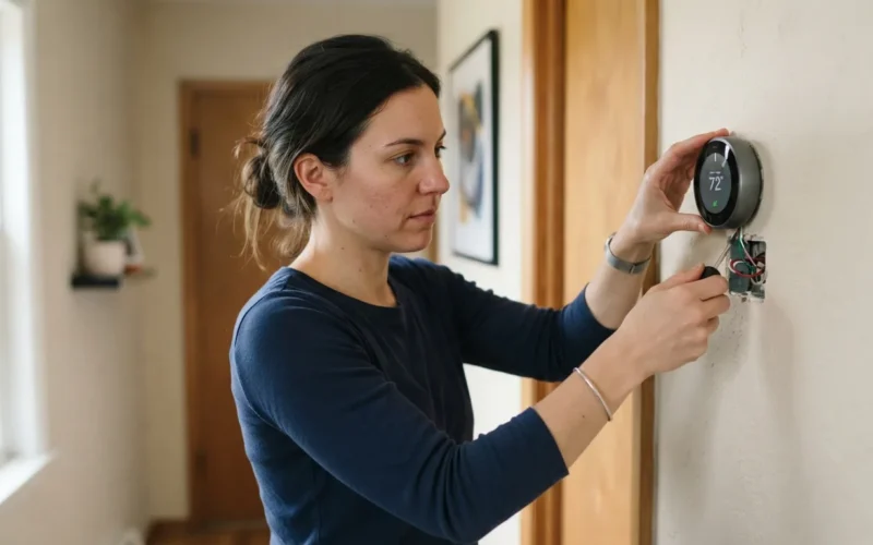 a person installing a smart thermostat on a wall