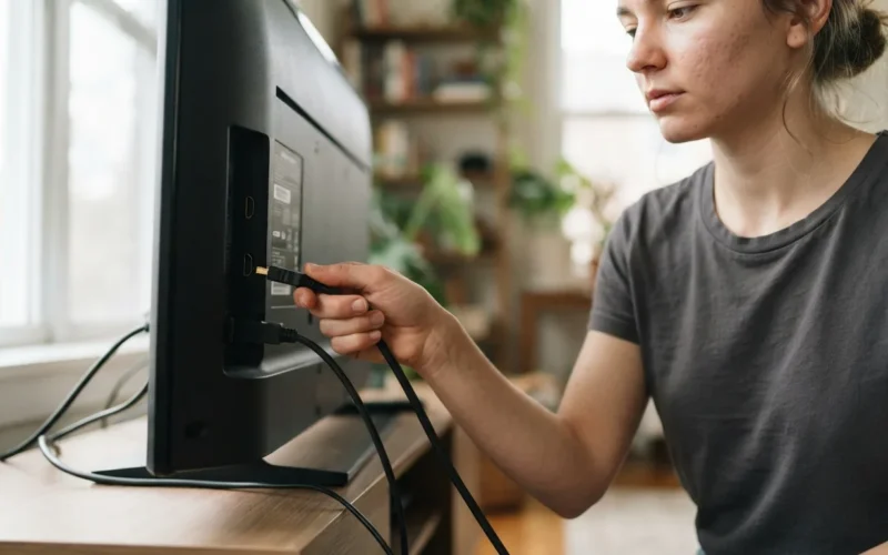 a person plugging an HDMI cable into a TV