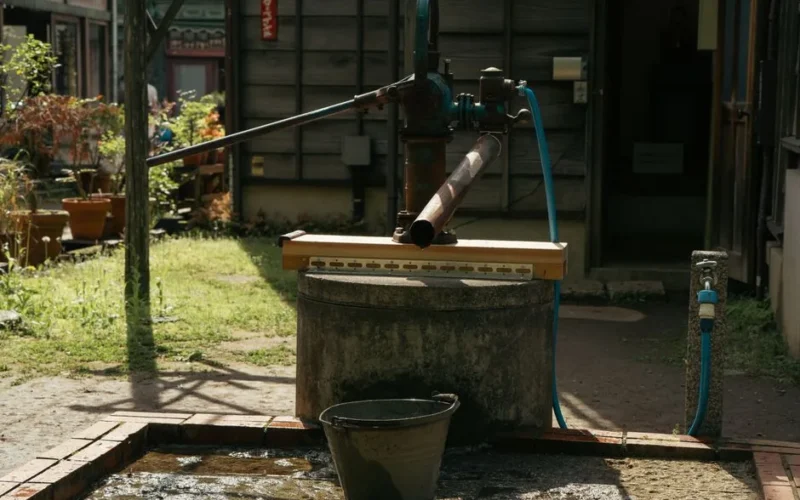A classic water pump in a serene Tokyo garden setting, capturing rustic charm.