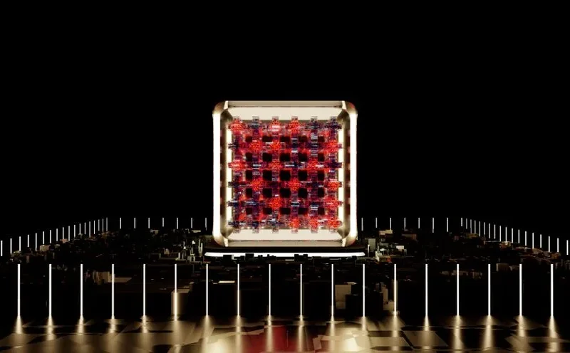 Abstract representation of a futuristic digital processor with glowing elements.