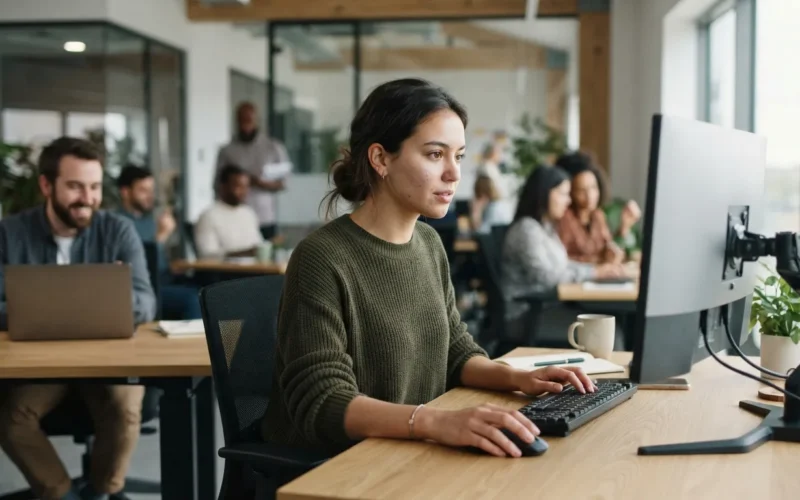 people working in a modern office with desks and technology