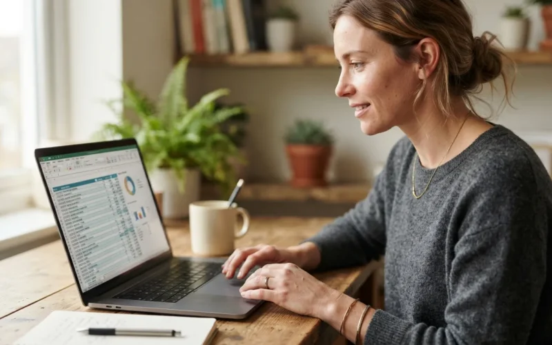 a person working on a budget spreadsheet on a laptop