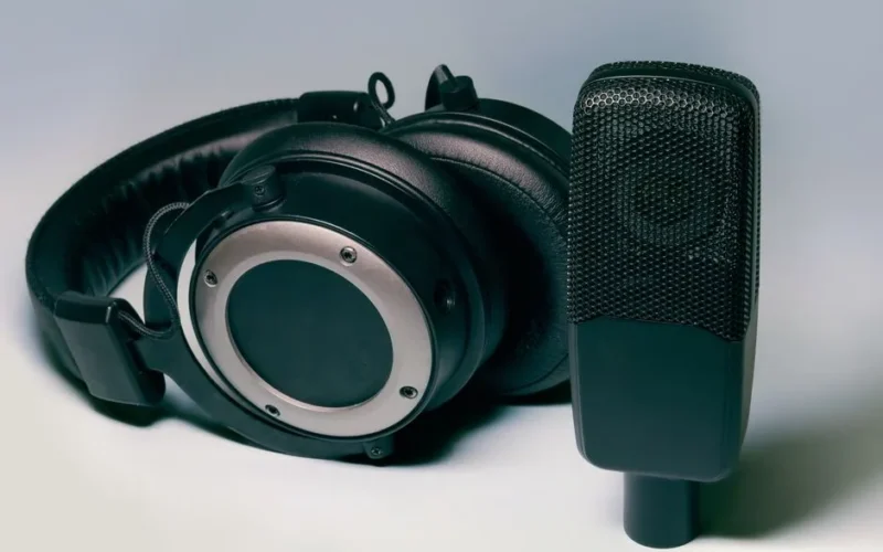 High-quality studio headphones and microphone for professional audio setups.