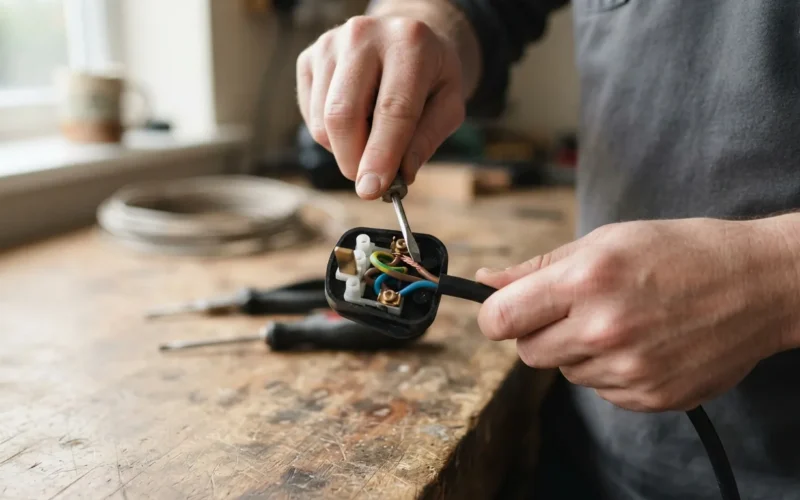a person's hands connecting wires to an electrical plug