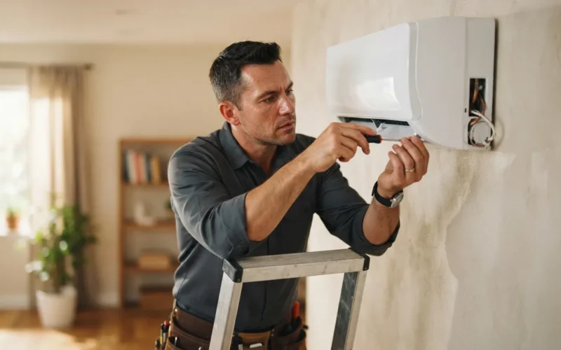 a technician installing an air conditioning unit on a wall