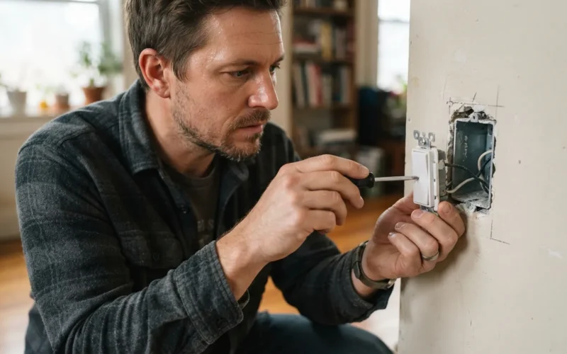 a person installing an electrical switch on a wall