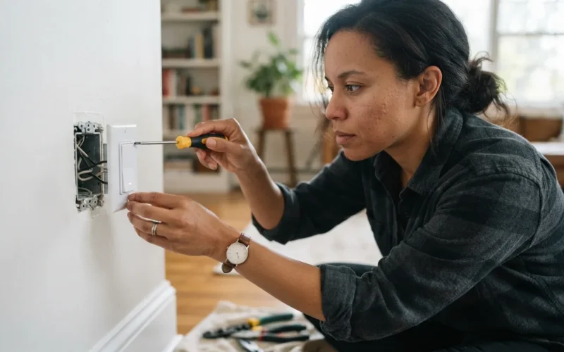 a person installing a smart light switch on a wall