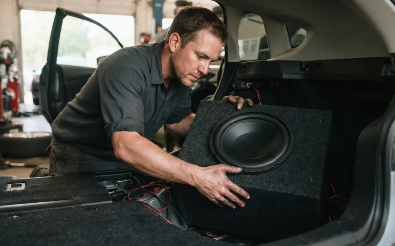 a person installing a car audio subwoofer in a vehicle