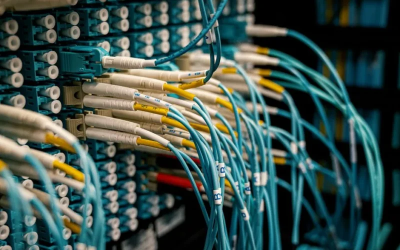 Fiber optical device with similar bright connectors with blue cables made of rubber with plastic pigtails on edges