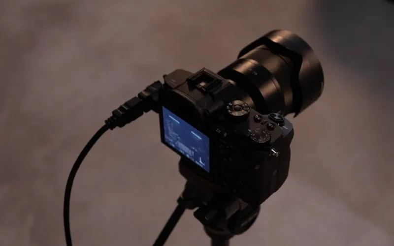 Detailed view of a professional camera setup on a tripod indoors, showcasing its screen and cables.