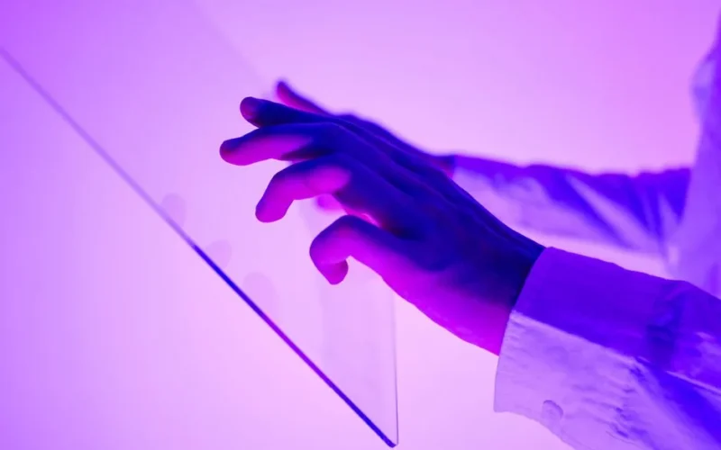 Close-up of hands interacting with a transparent glass interface in purple light.