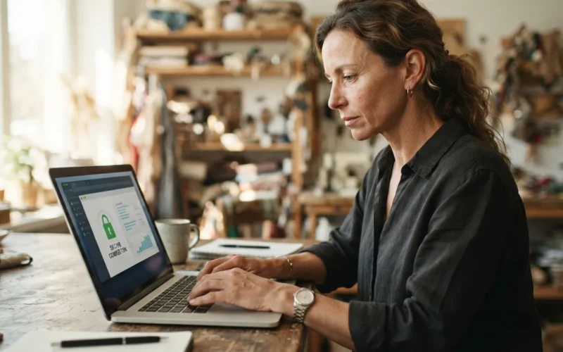 a small business owner working on a laptop with a security lock icon on screen