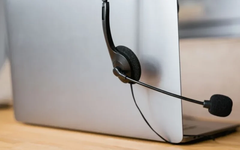 A laptop with a headset attached, ideal for virtual meetings or online customer support.