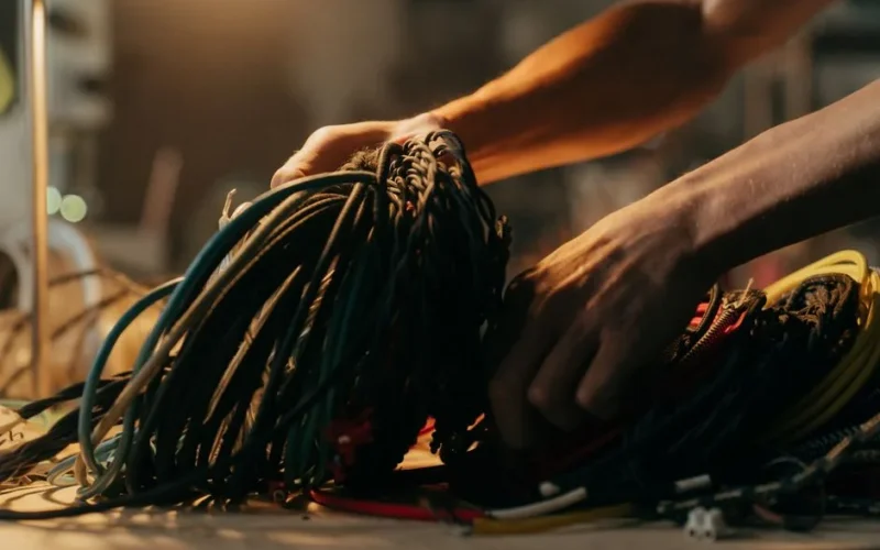 Hands sorting through a variety of colorful electrical wires on a table, illuminated by soft lighting.