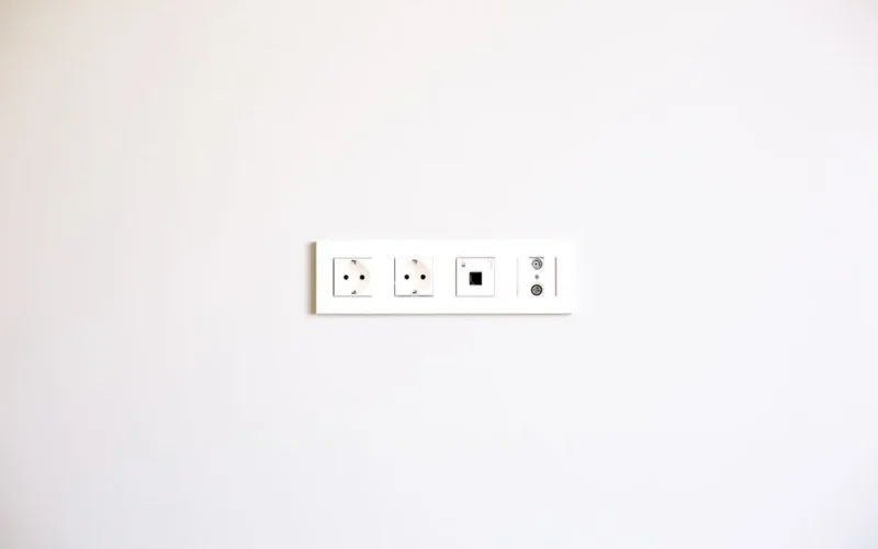 A minimalist image showcasing a modern wall outlet array on a bright white wall.