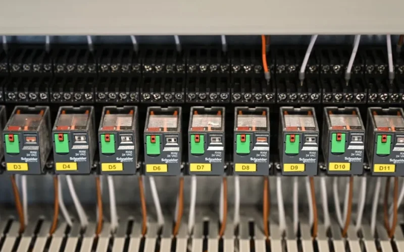 Close-up view of electrical relays in an industrial panel box showcasing circuit components.