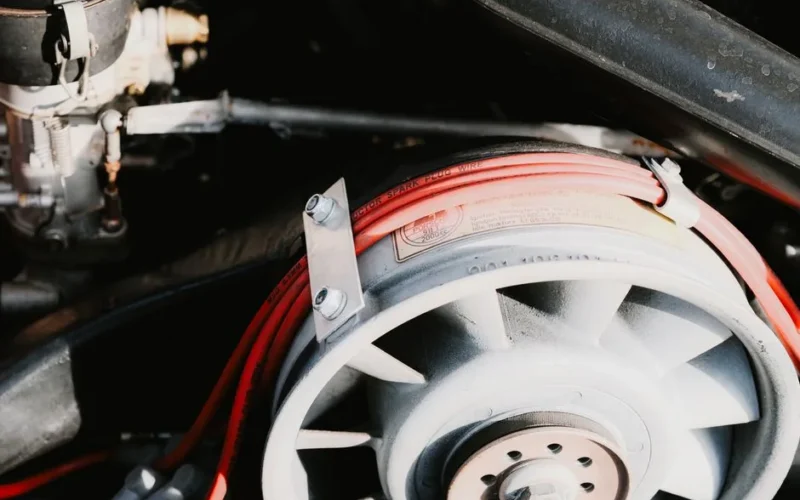 Detailed close-up of automotive engine parts with visible wires, showcasing engineering and machinery.