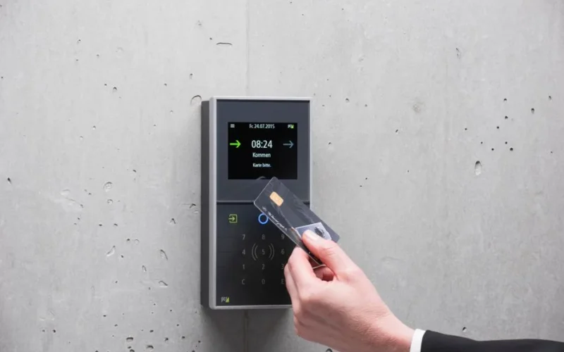 A businessman uses a secure card reader access system against a concrete wall.