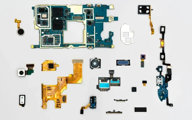 Exploded view of smartphone components showcasing intricate technological design.