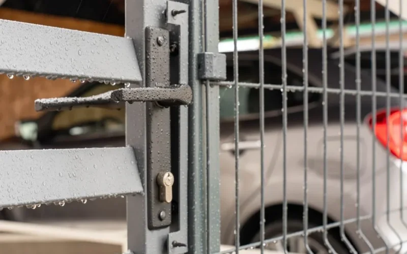 Detailed view of a wet metal gate with raindrops and a parked car in the background.
