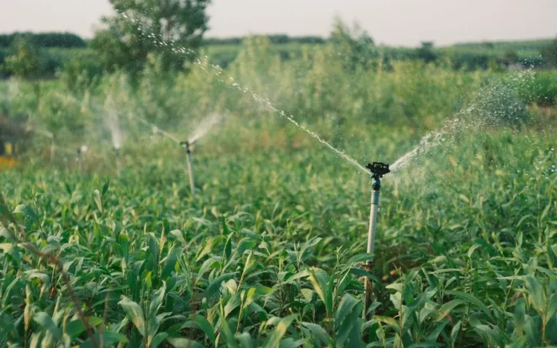 Automated sprinkler irrigation watering a lush green farm during the day.