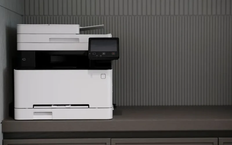 A sleek, modern printer situated on a minimalist office desk with a textured background.