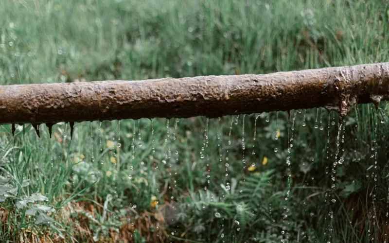 Aged rusted metal tube with dripping water above green lush lawn in garden