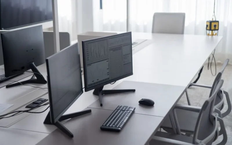A clean and modern office desk with dual monitors and ergonomic chairs, ideal for productivity.
