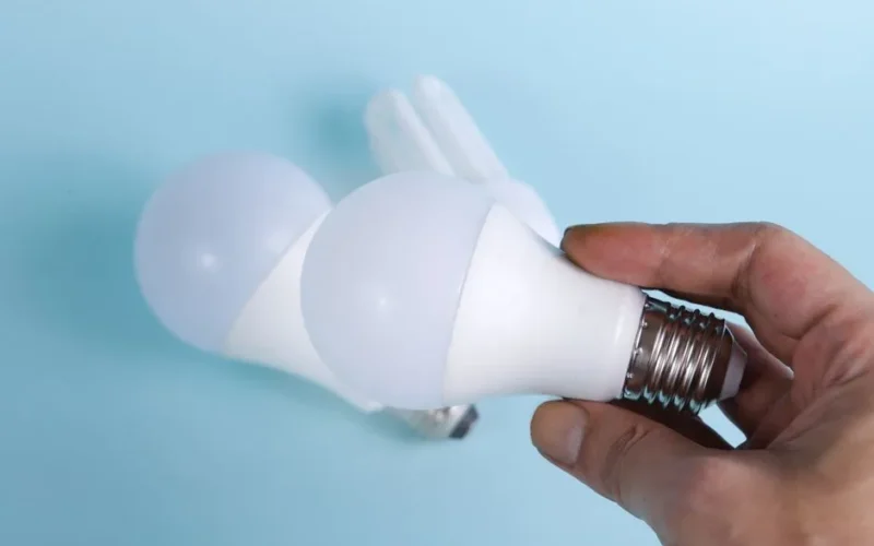 Close-up of hand holding energy-efficient LED light bulbs on a blue background.