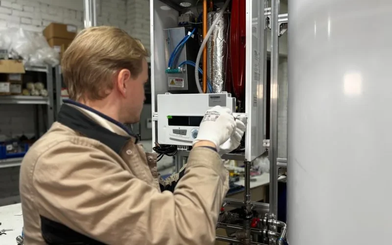 Technician installing or repairing a heating system in an indoor workshop setting.