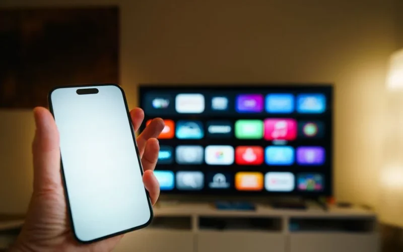 A smartphone in focus with a smart TV displaying apps in a cozy living room.
