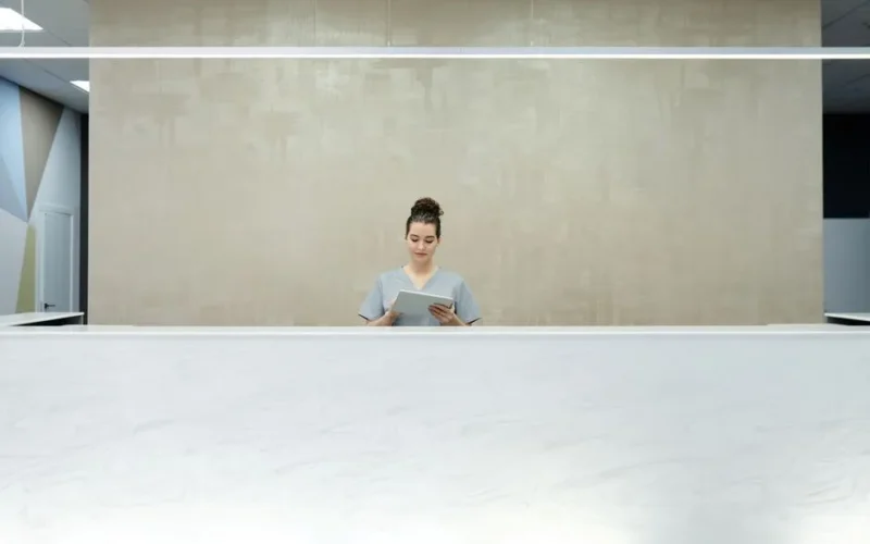 A woman receptionist using a tablet at a modern office reception desk.