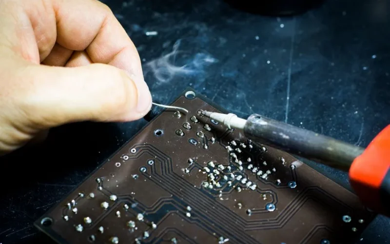 Hand soldering on a printed circuit board, showcasing electronic craftsmanship.