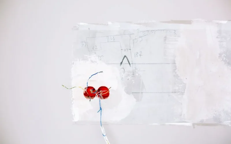 Close-up view of exposed electric wiring being installed during home renovation on a white wall.