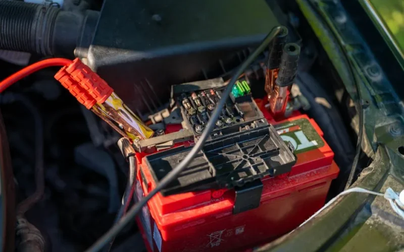 Close-up view of a car battery with red jumper cables connected, outdoors.