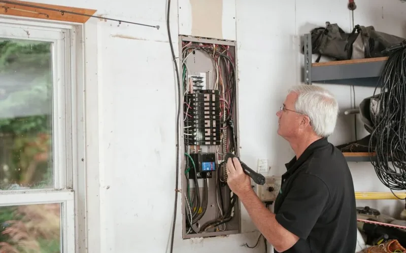 An electrician carefully examines a residential fuse box indoors, ensuring electrical safety and compliance.