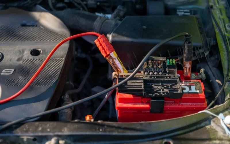 Close-up of a car battery with attached jumper cables in an engine bay.
