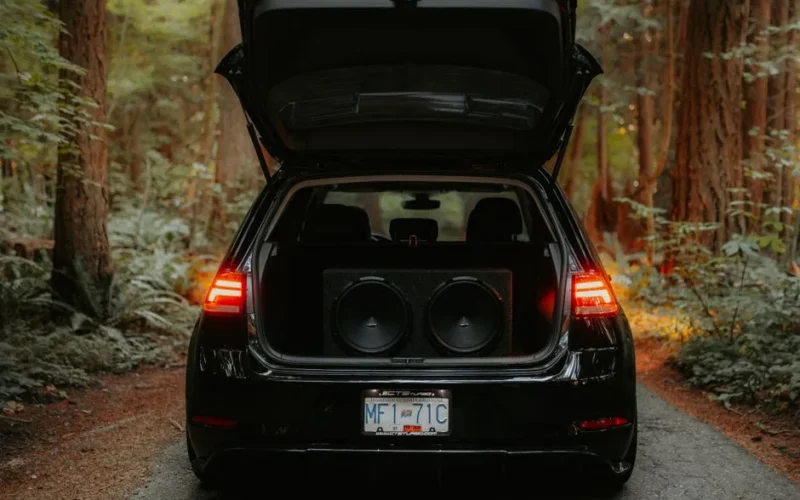 A car parked in a forest with its trunk open, revealing large speakers inside.