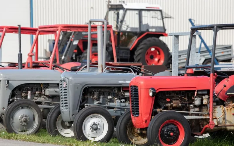 A collection of vintage tractors, including Massey Ferguson models, parked outdoors.