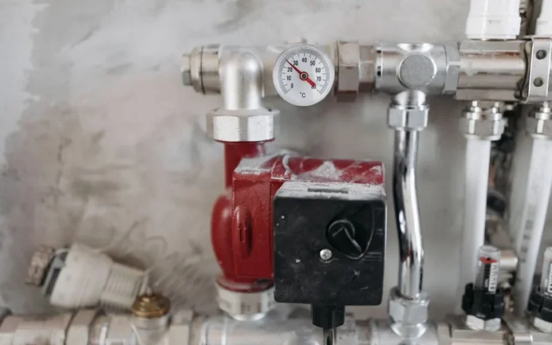 Close-up view of an industrial plumbing system featuring a pressure gauge and steel pipes.