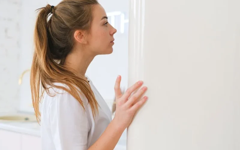Woman looking into a white fridge in a modern domestic kitchen setting.